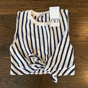 Zara Striped Sleeveess Front Knot Crop Top Tank Navy Blue White size S